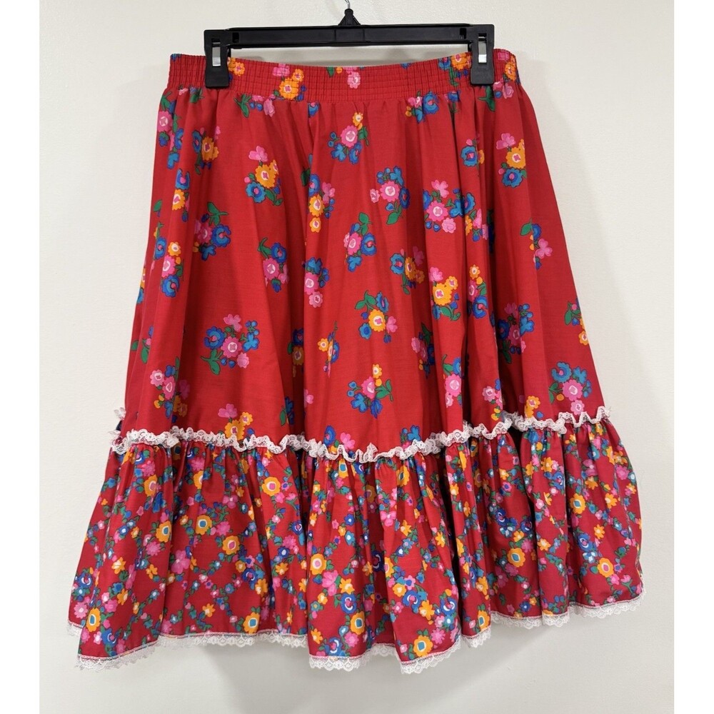 Malco Modes Ruffle Skirt Red Floral Med USA Boho Prairie Cottagecore Festival